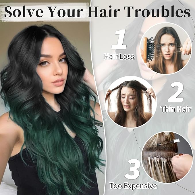 KooKaStyle Invisible Wire Hair Extensions with Transparent Headband Adjustable Size 4 Secure Clips Long Wavy Secret Wire Synthetic Hairpiece 20 Inch for Women(Emerald Green Ombre)