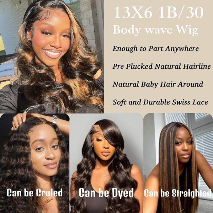 28Inch 13x6 Highlight Body Wave Lace Front Wig Human Hair Pre Plucked 180% Density 1B/30 Ombre Frontal Wigs Brazilian Virgin Human Hair Wigs for Women Pre Plucked with Baby Hair