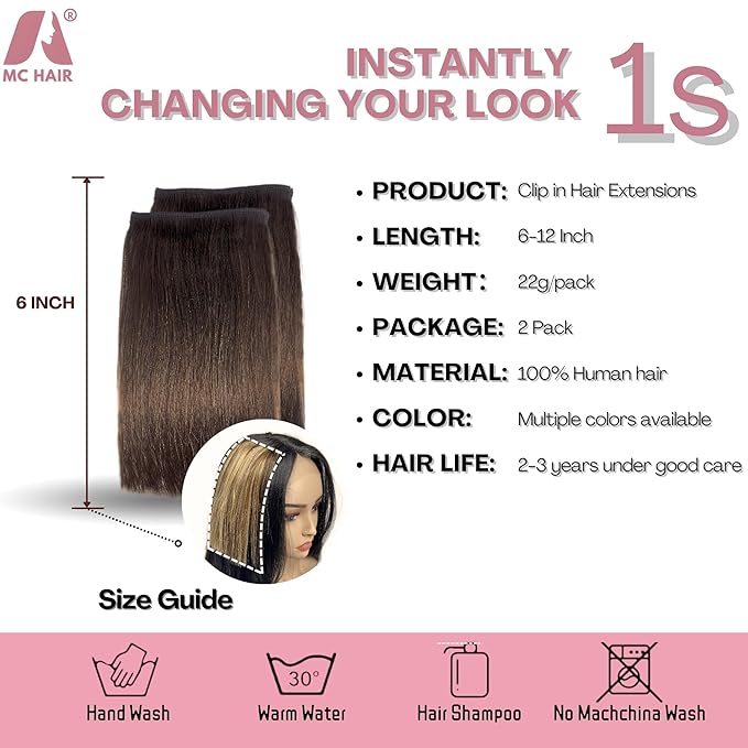 2 Pcs Short Hair Extensions, Extensions Clip in Human Hair for Women Adding Volume 10 Inch Dark Brown