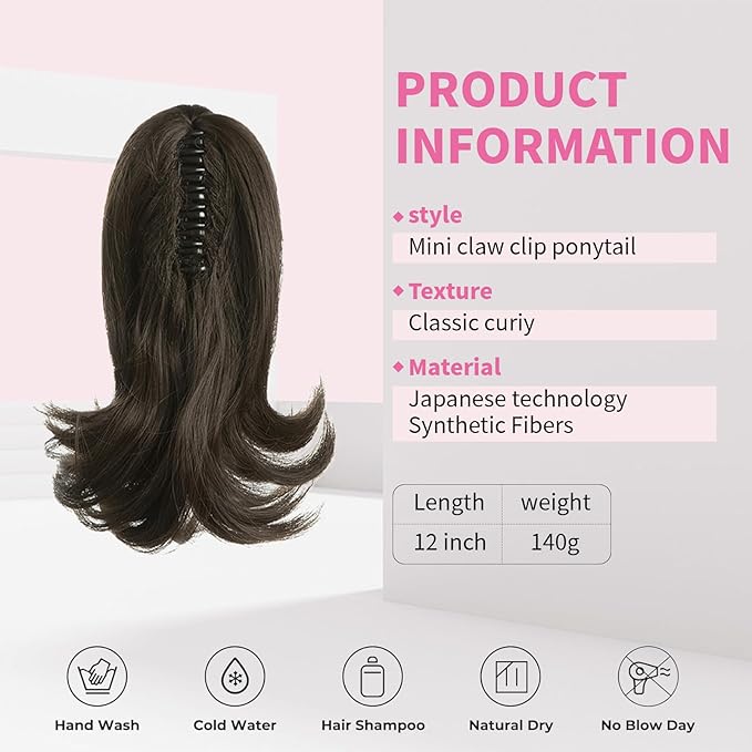 Ponytail Hair Extensions, 12 Inch Claw Clip Ponytail Hair Extensions for Women, Chin Clip Wigs, Soft Synthetic Wigs-Dark Brown