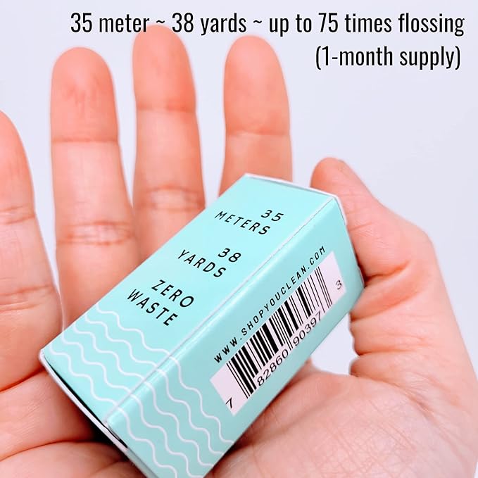 Natural Peppermint Essential Oil Infused Vegan Plant-Based Waxed Dental Floss 38 Yards/ 35 Meters in Refillable Glass Jar