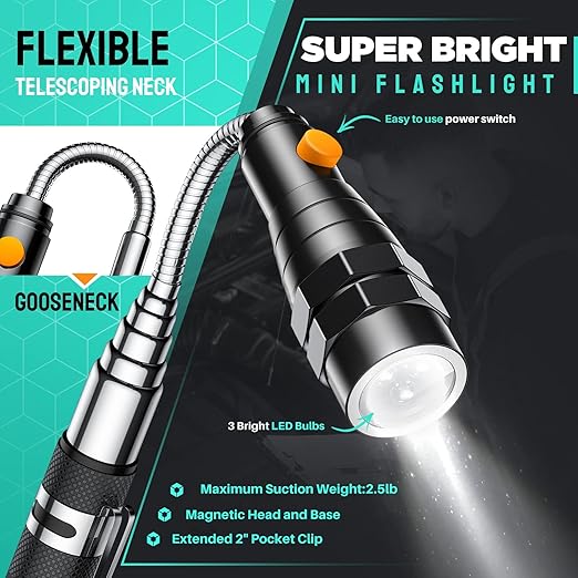 Telescoping Magnetic Pickup Tool Set, Inspection Mirror Telescoping, LED Flashlight, Cool Gadgets for Men, Stocking Stuffers, Gifts for Dad, Husband, Kids, Boyfriend, Magnet Stick