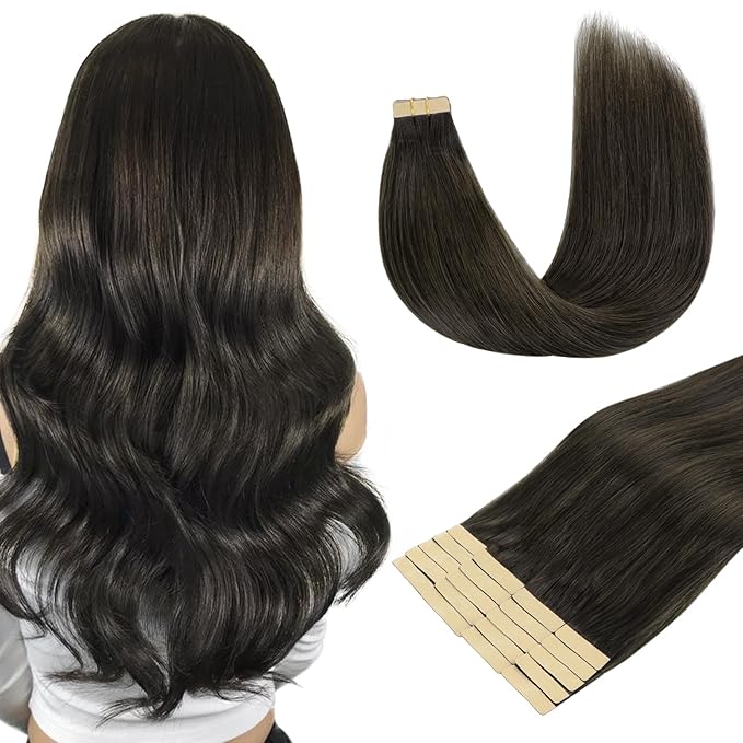 DOORES Real Human Hair Extensions, Mocha Brown 20pcs 60g 26 Inch, Tape in Straight Skin Weft Remy