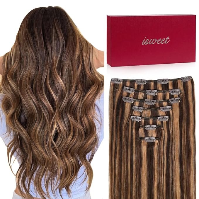 7Pcs Clip in Hair Extensions Real Human Hair, 14 Inch 95g P4/27 Chocolate Brown Highlights Honey Blonde Soft Real Human Hair Extensions Clip ins, Double Weft Hair Extensions Real Human Hair for Women