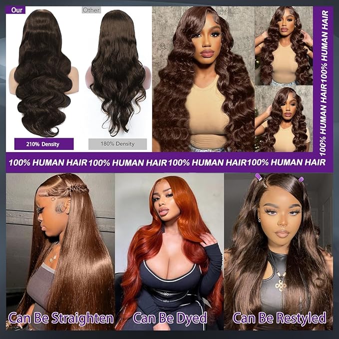 Chocolate Brown Lace Front Wig Human Hair 220 Density 13x6 Hd Body Wave Lace Front Wigs Human Hair Pre Plucked Colored Frontal Wigs Human Hair Brown Wigs Human Hair Wigs for Women 26 Inch