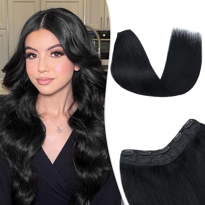 One Pieces Clip in Hair Extensions Human Hair Upgraded V-Shaped 5 Clips in Hair Extensions Human Hair Long One Piece Hairpiece for Women,22 Inch,#01 Jet Black,75g