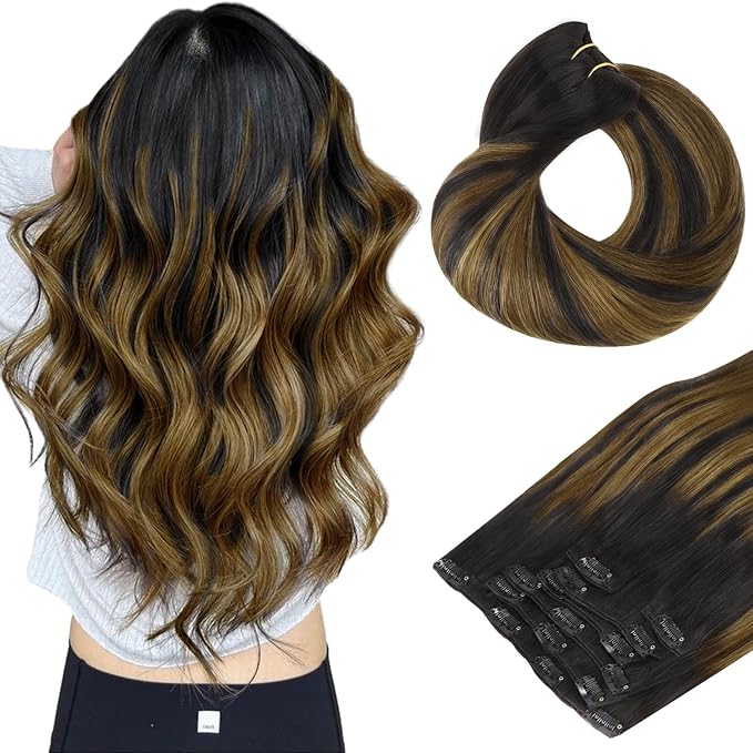 HOTBANANA Human Hair Clip in Hair Extensions, Balayage Natural Black to Golden Brown 120g Clip in Hair Extensions Real Human Hair Straight Remy Hair Clip Ins 18 Inch 7pcs