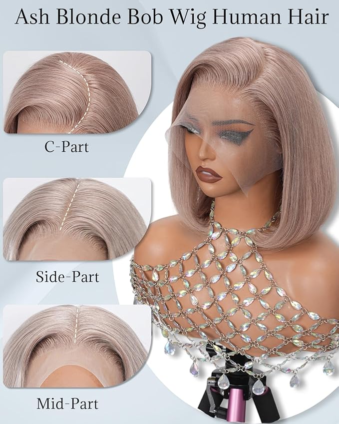 12 Inch Ash Blonde Bob Wig Human Hair 180 Density 13x4 HD Lace Frontal Wigs Human Hair Pre Plucked Ash Blonde Bob Wig For Daily Life And Parties Straight Colored Wigs Blunt Cut For Women