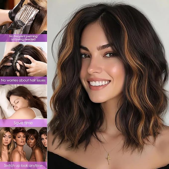 AISI HAIR 14 Inch Highlights Caramel Brown Wigs for Women - Shoulder Length Wave Wig with Pre-Cut Lace Hairline, Middle Part Natural Wavy Bob Synthetic Heat Resistant Fiber for Daily and Party