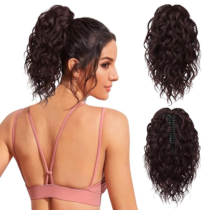 Flufymooz Ponytail Extension, 12" Short Claw Ponytail Extension Wavy Curly Jaw Clip in Pony tails Hair Extension Natural Synthetic Hairpiece for Women (Ombre Burgundy)