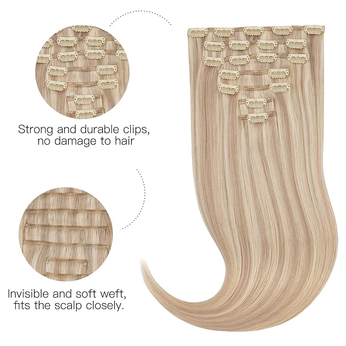 HOTBANANA Human Hair Clip in Hair Extensions, Icy Blonde Highlighted Platinum Blonde Hair Extensions 120g Real Human Hair Straight Remy Hair Clip Ins 20 Inch 7pcs