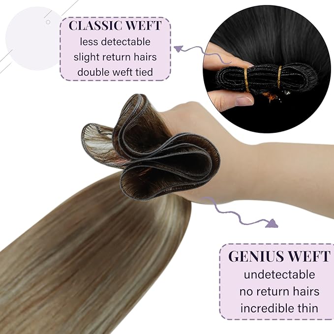 Fshine Genius Weft Hair Extensions Color Chestnut Brown Fading to Platinum Blonde Human Hair Extensions Sew in Remy 60g Long 22 Inch