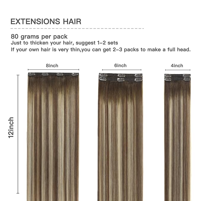 Lace Clip In Extensions Real Human Hair Balayage Walnut Brown to Ash Brown Mix Light Blonde Ombre Remy Hair Exteions 5 Pcs Double Weft Clip on Hair Extensions 12Inch 80g