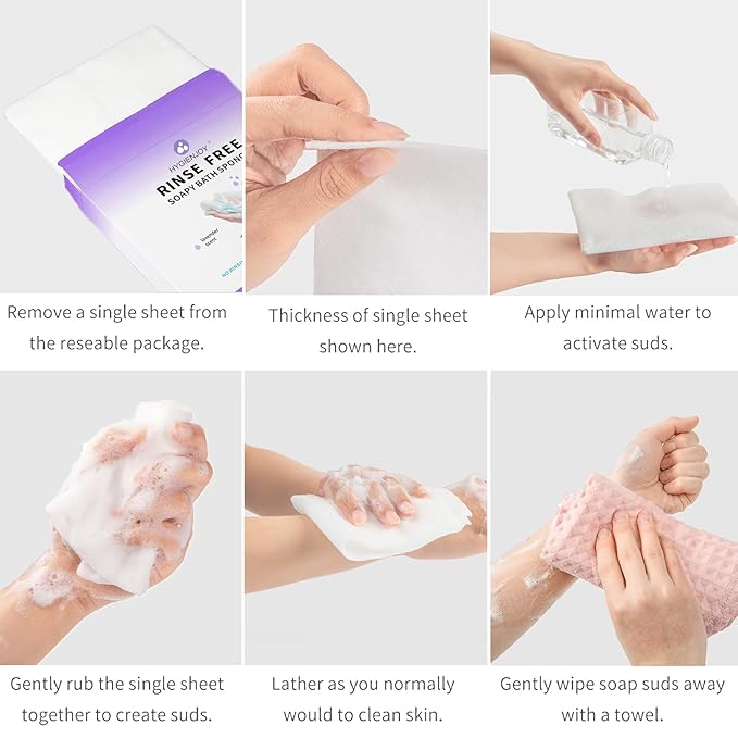 HYGIENJOY-21% Larger Rinse Free Bath Sponges for Adults-Disposable No Rinse Bathing Wipes-Soap Infused,Dry Shower Wipes for Elderly,Camping,Post Surgery Must Haves,(Lavender 75 Counts)