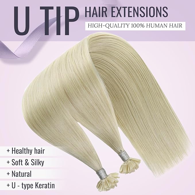 Fshine U Tip Human Hair Extensions Color 60 Platium Blonde U Tip Fusion Hair Extensions Prebonded Human Hair Extentions 20 Inch K Tip Extensions 1g/Strand 50g/Pack
