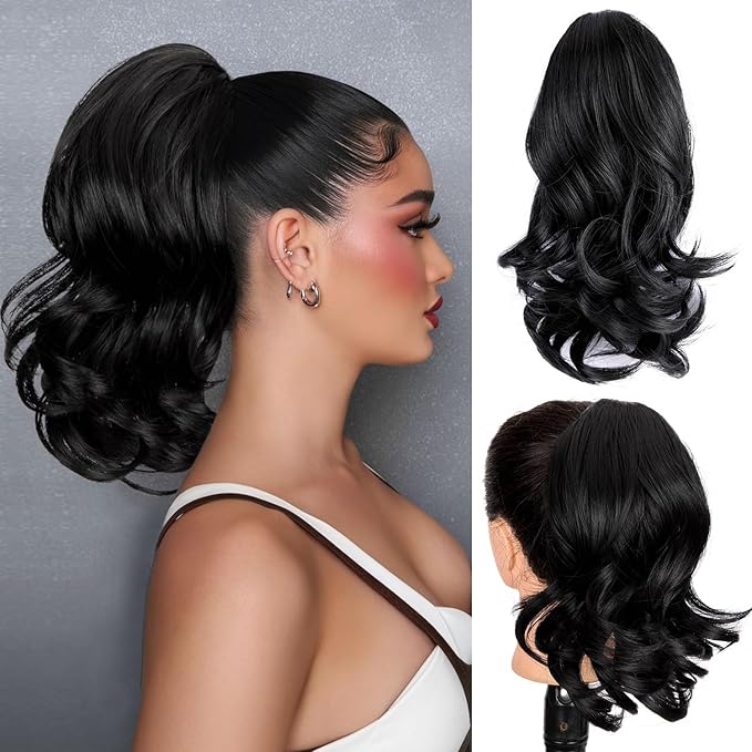 Ponytail Extension for Women,12 Inch Clip in Claw Curly Wavy Pony Tails Hair Extensions for Womens Synthetic Hair Extensions Ponytail Daily Use (Black)