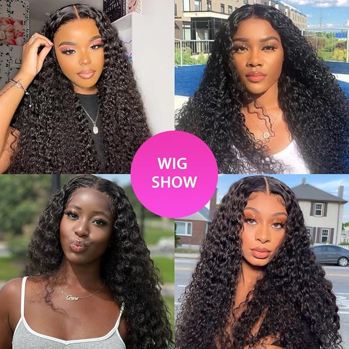 28 Inch Pre Cut 7X5 HD Lace Glueless Water Wave Wigs Human Hair Pre Plucked ,Curly Wear and Go Pre Bleached Knots Lace Front Wig Natural Hairline with Baby Hair for Women 200% Density Natural Black