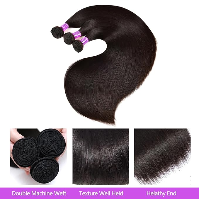 Straight Human Hair Bundles 100% Unprocessed Brazilian Virgin Hair Weave 3 Bundles Extensions Soft Silky Straight Natural ColorNatural Black Color 24 26 28 Inch