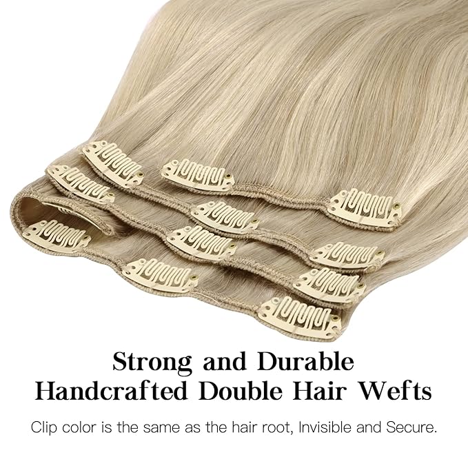 HOTBANANA Human Hair Clip in Hair Extensions, Ash Blonde Highlighted Platinum Blonde Hair Extensions 120g Clip in Hair Extensions Real Human Hair Straight Remy Hair Clip Ins 16 Inch 7pcs