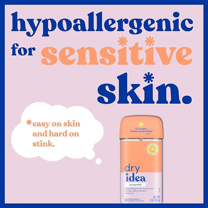 Dry Idea Gel Deodorant & Antiperspirant for Women - Hypoallergenic for Sensitive Skin, 2X Longer Sweat Protection, 72Hr Sweat & Odor Protection, Unscented Womens Deodorant, 3 oz (6 Pack)