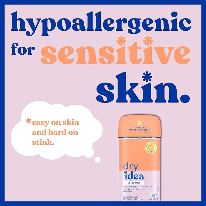 Dry Idea Gel Deodorant & Antiperspirant for Women - Hypoallergenic for Sensitive Skin, 2X Longer Sweat Protection, 72Hr Sweat & Odor Protection, Unscented, Womens Deodorant, 3 oz
