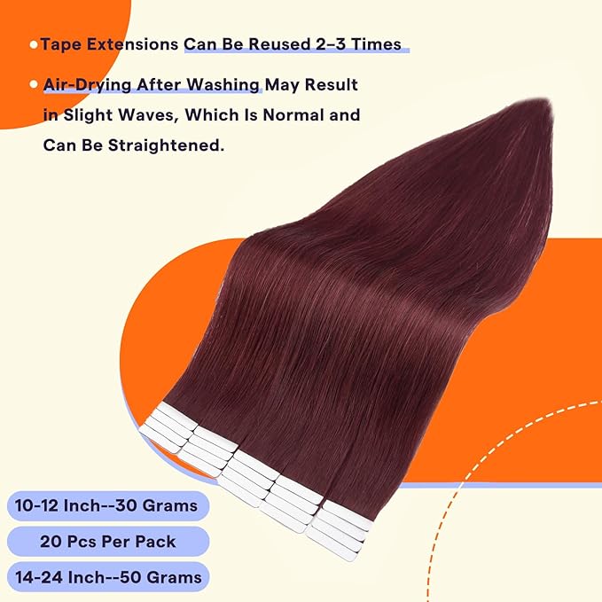 Full Shine Tape in Hair Extensions 16 Inch Color 99J Red Wine Straight Seamless Skin Weft Remy Tape Ins Human Hair Extensions 20PCS Invisible Natural Soft Extensions 50grams for Wedding