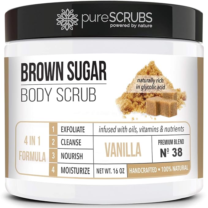 pureSCRUBS Premium Vanilla Brown Sugar Scrub | Face, Feet & Full Body Scrub | Large 16oz Jar Includes Wooden Spoon, Loofah & Mini Exfoliating Bar Soap