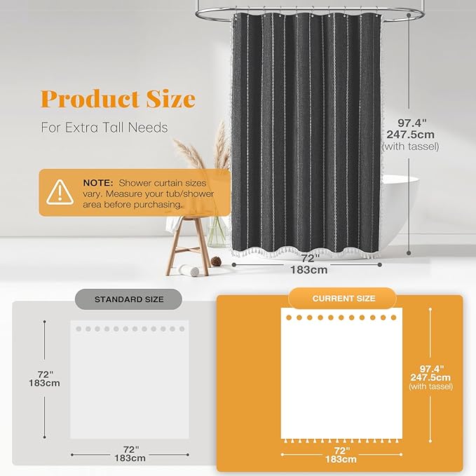 BTTN Boho Farmhouse Shower Curtain - Linen Rustic Heavy Duty Striped Fabric Shower Curtain Set, Bohemian Vintage Country Cloth Shower Curtains for Bathroom, Charcoal Grey, 72" W x 96" L (Pack of 1)