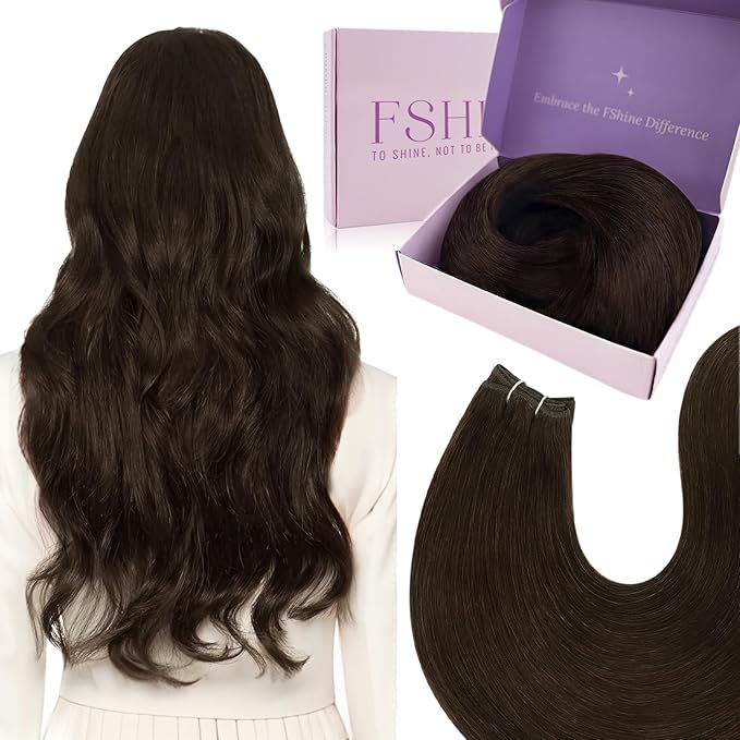 Fshine Hand Tied Weft Hair Extensions Real Human 12 inch 80 g Dark Brown Double Weft Full Head Sew in Remy Hair Weft Straight Bundles for Women Salon and Everyday Styling