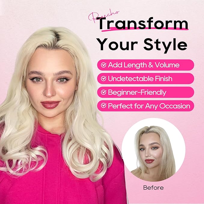 REECHO Clip-in Hair Extensions, 4PCS Lace Weft, 14" Short Wavy, Invisible, Natural Soft Hairpieces, Silver Grey