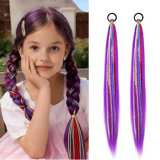 2 Pack Braid Ponytail Extensions, 26 Inch Braided Ponytail Wig with Elastic Tie for Girls (Light Purple, 26 Inch)