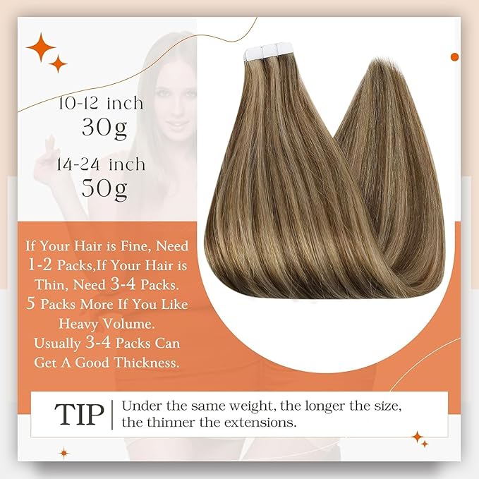 Full Shine Tape in Hair Extensions 50 Gram Medium Brown Highlights Honey Blonde Real Human Hair Extensions Tape ins 22 Inch Straight Tapes in Extensions 20 Pcs Seamless Straight Glue Hair Extensions