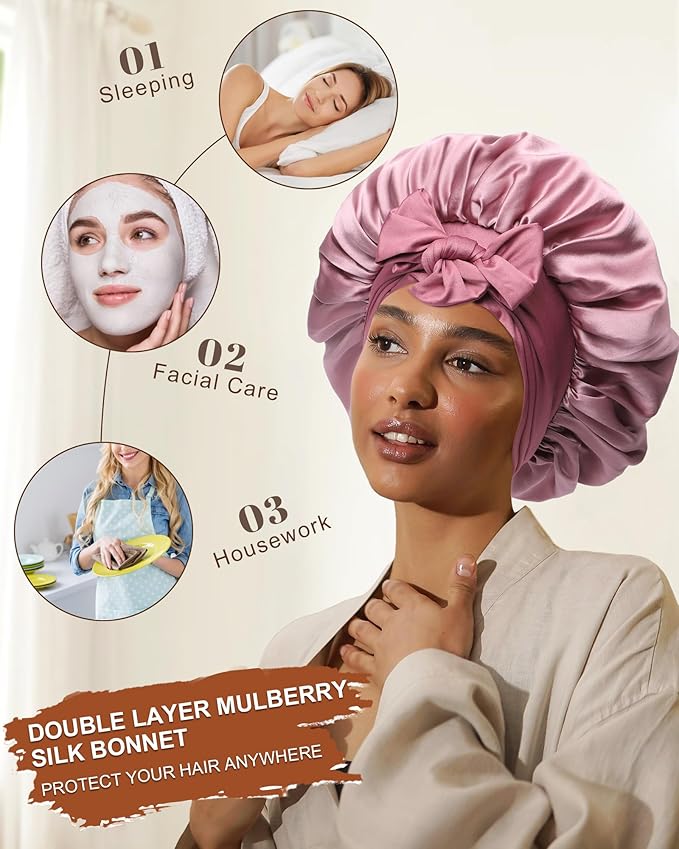 Mulberry Silk Bonnet Sleeping Women Curly Hair Bonnets Tie Band Double Layer Reversible Sleep Bonnet Silk Hair Wrap Sleep Cap
