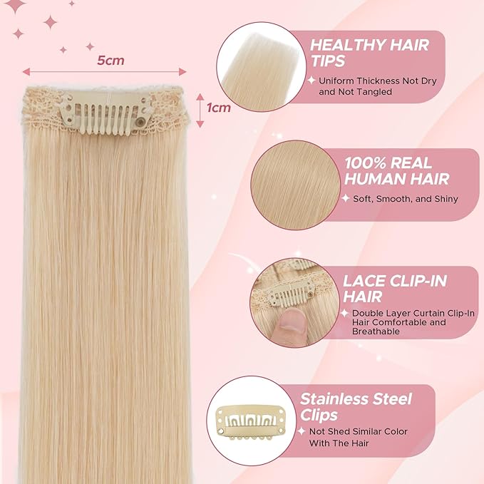 Clip in Hair Extensions Real Human Hair for Women, 20 Inch 44g 6pcs, Platium Blonde, Straight - Highlight, Add Volume and Length for Daily Wear, Parties, Weddings