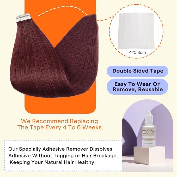 Full Shine Tape in Hair Extensions Human Hair 10 Inch Color 99J Red Wine Straight Invisible Double Sided Tape Ins Human Hair Extensions 20PCS Burgundy Natural Seamless Skin Weft for Wedding 30 Grams