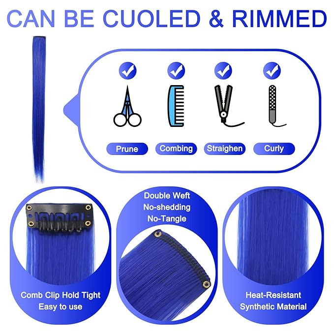 Rhyme 9PCS 21" Colored Clip in Hair Extensions Blue Hair Extensions for Women Girls Hair Clips Party Highlights hair Accessories (Blue)