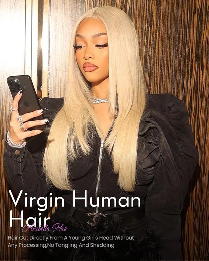 Arabella 613 Straight Bundles Human Hair 20 22 24 Inch Blonde Hair 100% Unprocessed Brazilian Virgin Hair 10A Weave Sew in Double Weft 3 Bundles Human Hair 613 Hair Extensions for Women