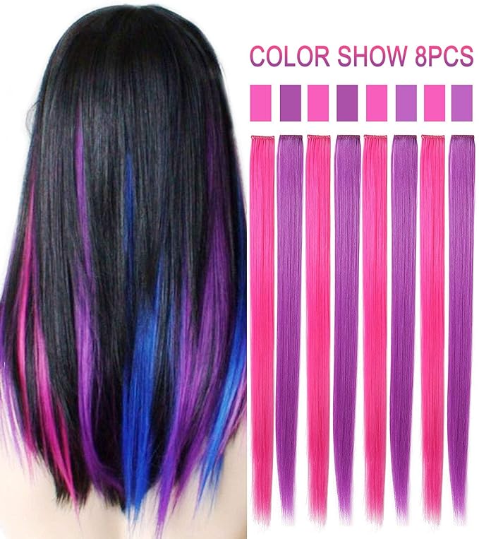Rhyme Pink Purple Hair Extensions for Girls 21 inch Highlight Princess Party Colored Hair Extensions Clip in/on for Girls and Kids Hair Accessories Wig Pieces 8PCS (Pink Purple)
