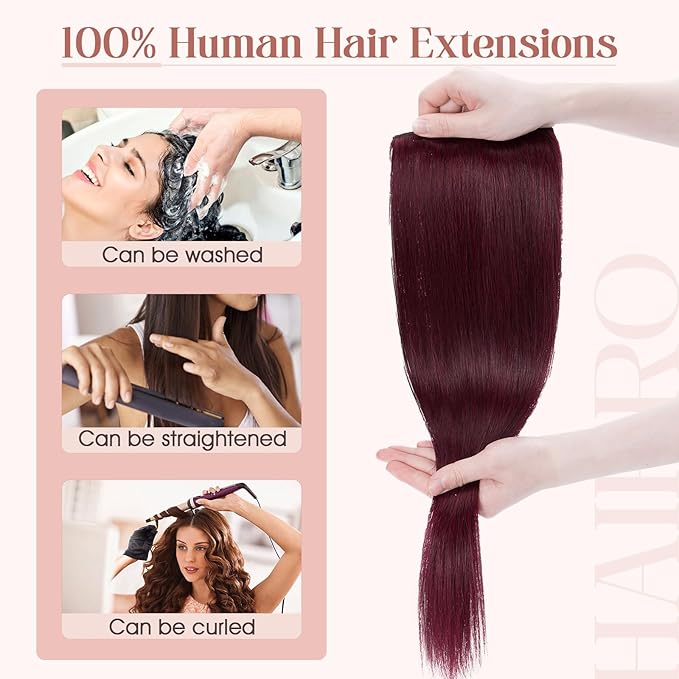 Hairro Sew in Hair Extensions Real Human Hair, 100g/bundle Weave Weft for Women Adding Volume and Length, for DIY Beauty Dating Party, 20 Inch One Bundle Straight #99J Wine Red