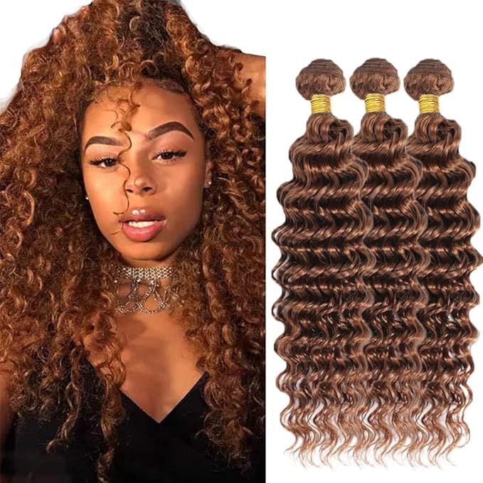 20 22 24 Inch Brown Bundles Human Hair #30 Dark Brown Deep Wave 3 Bundle Unprocessed Brazilian virgin hair Weave Extensions Double Weft 50 Grams/Bundle Colored Brown Bundles for Woman