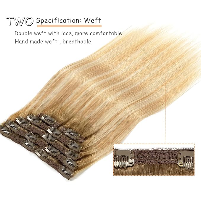 Caliee Remy Human Hair Extensions Clip in 14 Inch Color R8-12/60A Ombre Ash Brown to Light Golden Brown Mixed Platinum Brown Straight Hair Extensions Clip in Hair Extensions Silky 7Pcs 120G