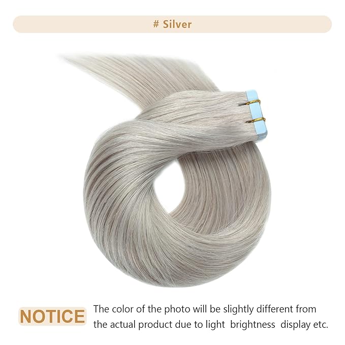 YILITE 20Pieces/Pack Fashion Silver Tape in Hair Extensions Human Hair,12inch 40g Silver Tape in Human Hair Extensions,Seamless Skin Weft Tape ins Hair Extensions (12inch Silver)