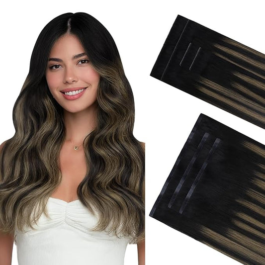 GOO GOO Invisi Edge Clip in Hair Extensions Set, 20inch 130g, 4pcs Injected Seamless PU Clip ins and 3pcs Classical PU Clip ins Virgin Real Human Hair, #(T1B/6) P1B