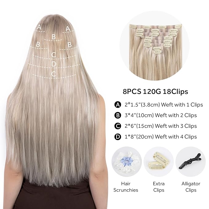 Clip in Hair Extensions Real Human Hair Seamless Clip Ins 100% Remy Hair Extensions PU Skin Weft Add Volume Ash Blonde Highlights Thick&Invisible #P18/613 20Inch 120G 8PCS