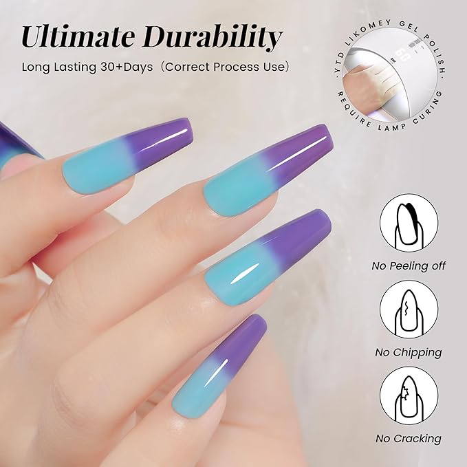 YTD Likomey Color Changing Gel Nail Polish,15ml Mockingbird Egg Blue To Purple Mood Temperature Change Colors,Fall Winter Thermal Ombre UV Manicure Pastel UV Nail Varnish,WB343