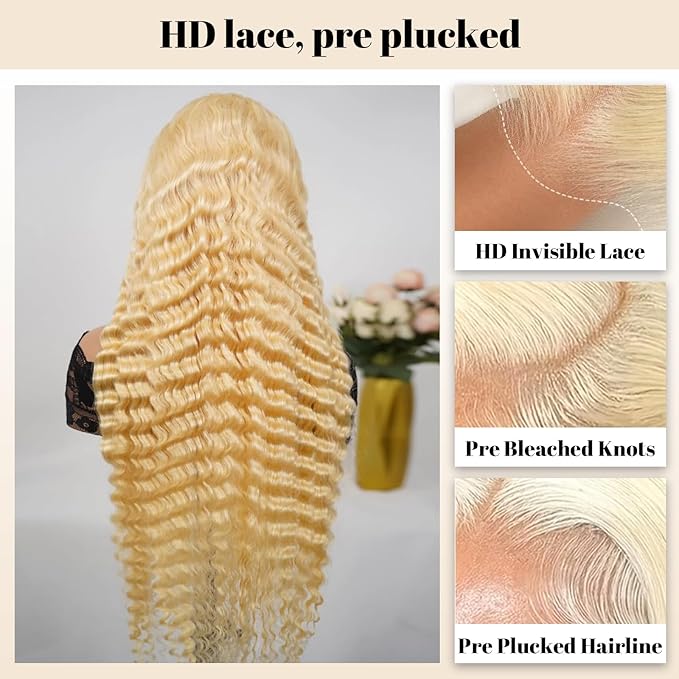 613 Lace Front Wig Human Hair 30 Inch 13x6 Blonde Wig Human Hair 613 Deep Wave HD Lace Frontal Wig 200% Density Long Blonde Curly Wig Water Wave 613 Wig Pre Plucked With Baby Hair for Women