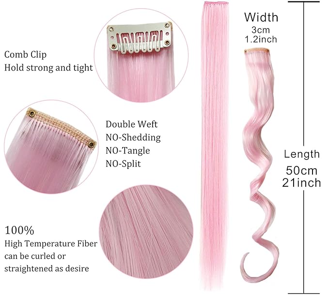 8PCS Light Pink&Light Purple 21''Colorful Party Highlights Clip in Colored Hair Extensions Multicolor Straight Synthetic Hairpieces for Women Kids Girls