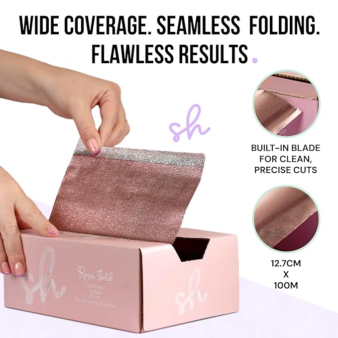 Extra Wide Hair Foil, Hairdressing Foil For Highlighting and Balayage, 12.7cm width hair foil roll with built in cutter. Smooth Foil in Rose Gold.