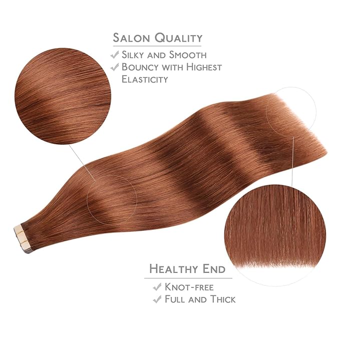 WENNALIFE Tape in Hair Extensions Human Hair, 20pcs 50g 16 inch Dark Auburn Copper Remy Hair Tape in Extensions Skin Weft