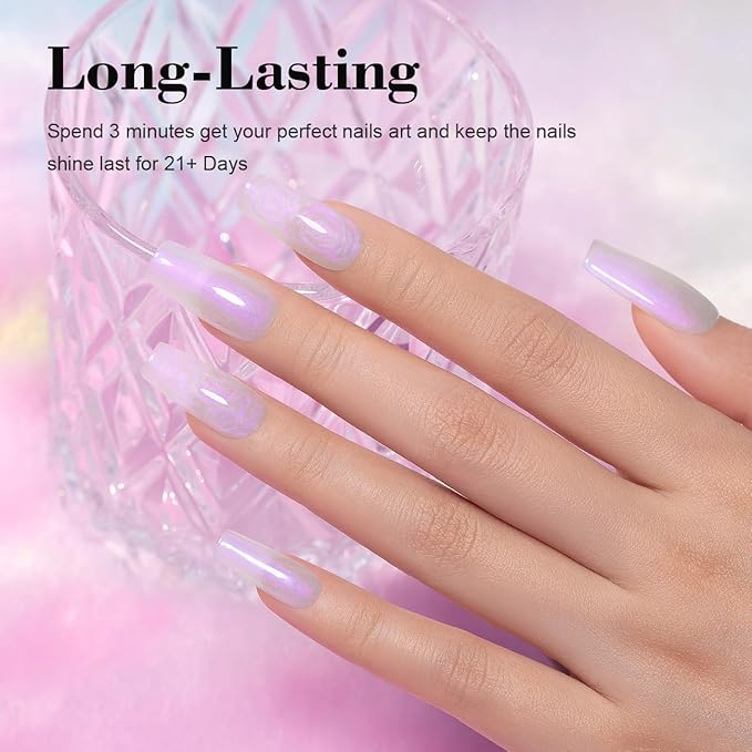 RARJSM Pearl Gel Nail Polish,15ML Clear Pearlescent Gel Polish,Purple Glitter Gel Polish Shimmer Iridescent Mermaid Nail Gel Polish Soak Off LED UV Drawing Swirl Thread Effect for DIY Manicure Use